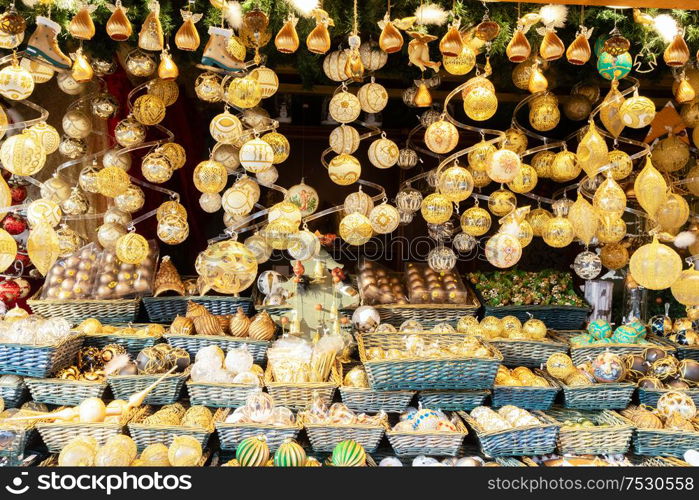 Christmas market kiosk details with wide choice of christmas tree decorations. Christmas market kiosk details