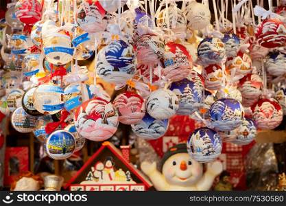 Christmas market kiosk - traditional hanging christmas tree decorations. Christmas market kiosk details
