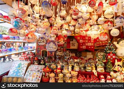 Christmas market kiosk - traditional hanging festive christmas tree decorations. Christmas market kiosk details