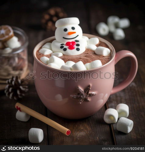 Christmas mug of hot chocolate with little marshmallows. Illustration Generative AI
