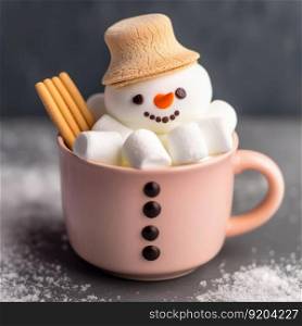 Christmas mug of hot chocolate with little marshmallows. Illustration Generative AI 