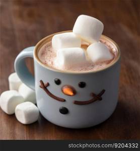 Christmas mug of hot chocolate with little marshmallows. Illustration Generative AI 