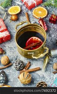 Christmas mulled wine hot alcoholic drink.Traditional hot drink at Christmas. Mulled wine for Christmas