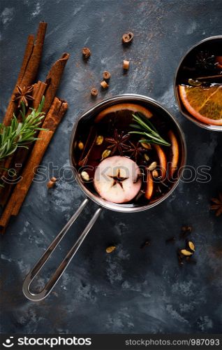 Christmas mulled wine with spices. Traditional winter festive drink at holiday, top view