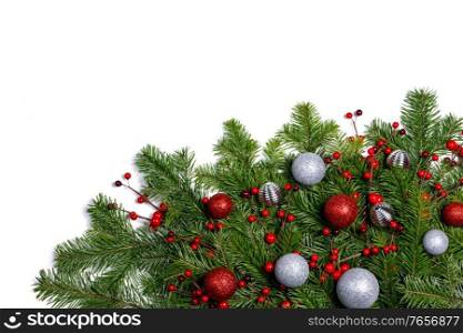 Christmas New year decoration frame isolated on white , fir tree branches , red and silver baubles , copy space for text. Christmas decoration frame