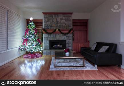 Christmas, New Year interior background with brightly lighted fir tree and glowing fireplace