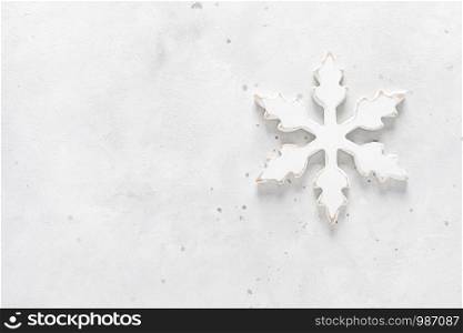 Christmas, New Year or Noel holiday decorations, snowflake on white background, flat lay composition, greeting Xmas card, top view