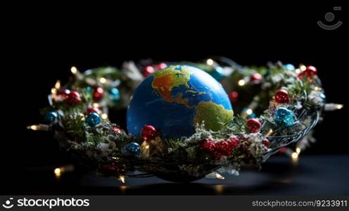 Christmas New Year’s toy ball planet Earth, colored garlands. Save the world concept. Festive card illustration. AI generated.. Christmas New Year’s toy ball planet Earth, colored garlands. Save the world concept. AI generated.