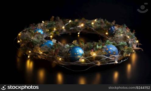 Christmas New Year’s toy ball planet Earth, colored garlands. Save the world concept. Festive card illustration. AI generated.. Christmas New Year’s toy ball planet Earth, colored garlands. Save the world concept. AI generated.