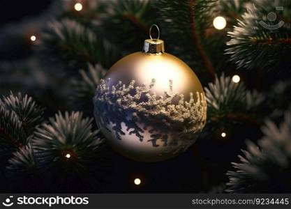 Christmas New Year shiny balls, Christmas tree decoration, close-up. Background of a branch with needles of a Christmas tree. AI generated.. Christmas New Year shiny balls, Christmas tree decoration, close-up. AI generated.