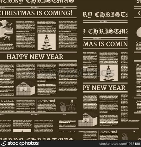 Christmas newspaper Seamless black background pattern. Old paper retro style. Vector illustration decoration design isolated. Seamless Christmas newspaper black background pattern. Old paper retro style. Vector illustration decoration design
