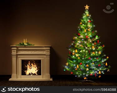 Christmas night interior with decorated fir tree and fireplace 3d rendering