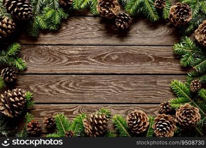 Christmas, Noel or New Year background, frame with Christmas tree on wooden background, festive greeting card, holiday banner with copy space for a text, top down view