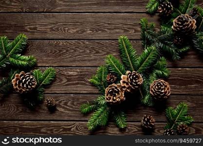 Christmas, Noel or New Year background with Christmas tree on wooden background, festive greeting card, holiday banner with copy space for a text, top down view