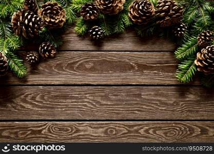 Christmas, Noel or New Year background with Christmas tree on wooden background, festive greeting card, holiday banner with copy space for a text, top down view