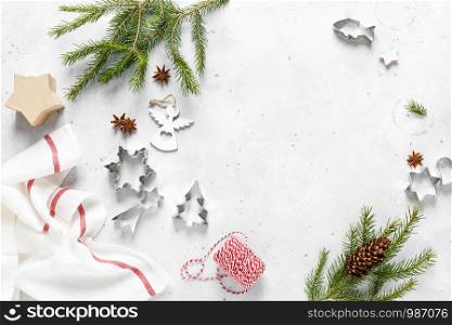 Christmas, Noel or New Year food flat lay background with xmas decorations and fir tree