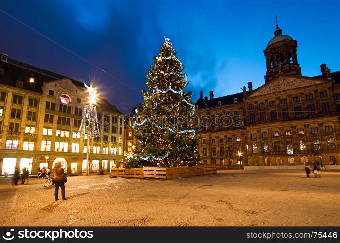 Christmas on the Dam square in Amsterdam the Netherlands at night