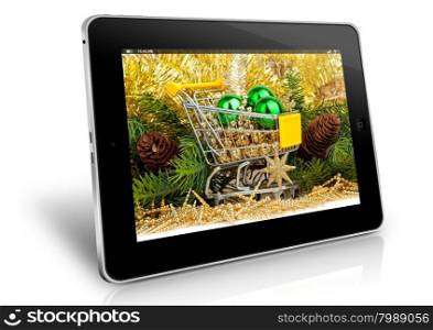 Christmas online shopping. Shopping Online. internet shopping concept. Shopping cart and tablet. Concept of Christmas shopping