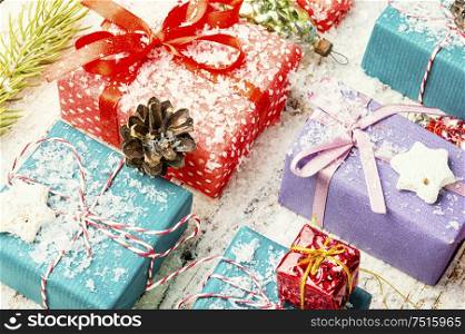 Christmas or New Year gift boxes.Christmas decoration.New year concept. Christmas gift boxes