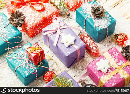 Christmas or New Year gift boxes.Christmas decoration.New year concept. Gift boxes for christmas
