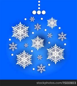 Christmas or new year greeting card or poster. Paper cut banner with voluminous snowflakes with glitter. Winter vector with snowy frame on blue background.. Christmas or new year greeting card or poster. Paper cut banner with voluminous snowflakes with glitter.