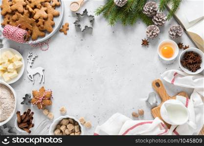 Christmas or Xmas baking culinary background. Ingredients for cooking on kitchen table. New Year or Noel holiday festive decorations