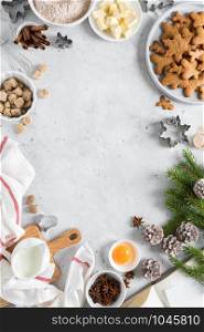 Christmas or Xmas baking culinary background. Ingredients for cooking on kitchen table. New Year or Noel holiday festive decorations