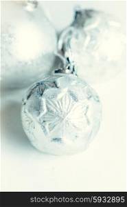 Christmas ornament on white wooden background