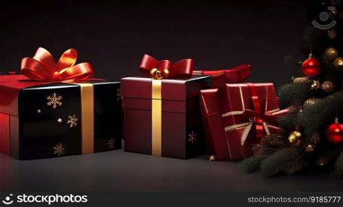 Christmas ornaments and a gift box against a dark background. Generative AI.
