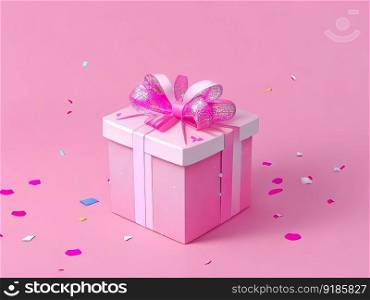 Christmas ornaments and a gift box against a pink background. Generative AI.