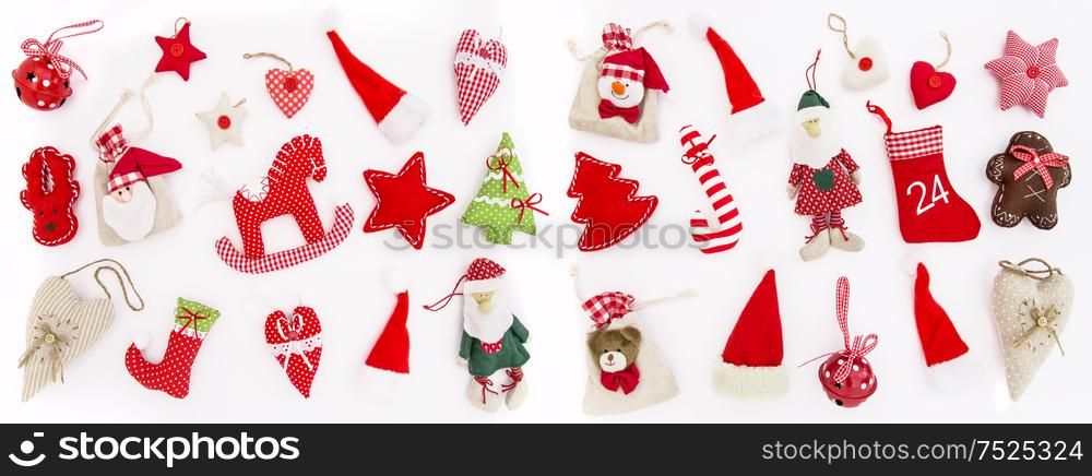Christmas ornaments and decoration on white background. Winter Holidays. Red toys