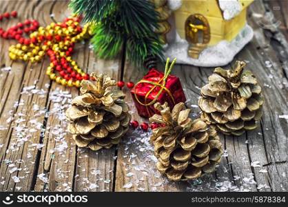 Christmas ornaments and pine cones