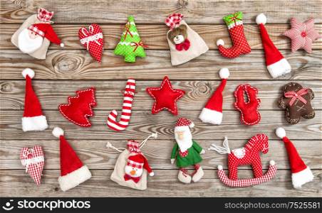 Christmas ornaments decoration on rustic wooden background
