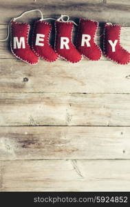 Christmas ornaments on rustic wooden background