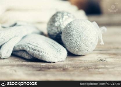 Christmas ornaments on rustic wooden background