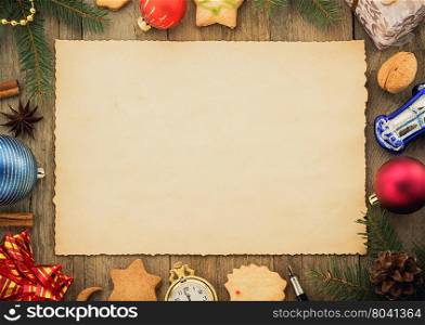 christmas ornaments on wood background