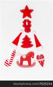 Christmas ornaments, red decorations on white background. Winter Holidays greetings card
