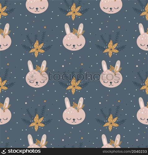 Christmas pattern with animals scandinavian hand drawn seamless pattern. New Year, Christmas, holidays texture for print, paper, design, fabric, background. Vector illustration. Christmas pattern with animals scandinavian hand drawn seamless pattern. New Year Digital paper