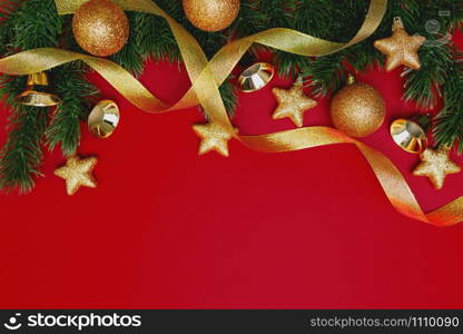 Christmas pine tree with xmas decoration on Red background