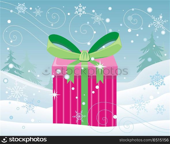Christmas Pink Gift Box with Bow on Snow Landscape. Christmas pink gift box with green bow on snowy landscape background. Cartoon present in xmas holiday concept. Gift box surprise new year. Funny illustration for children in flat style. Vector