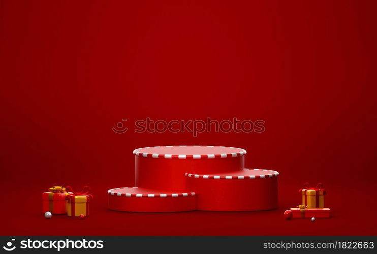 Christmas podium with gift for product advertisement, 3d illustration