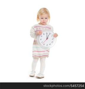 Christmas portrait of baby girl holding clock
