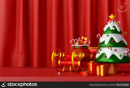 Christmas postcard of Christmas tree and sleigh on red curtain background, 3d illustration