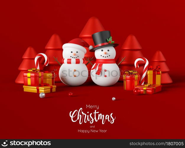 Christmas postcard of Snowman with Christmas presents, 3d illustration