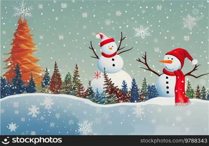 Christmas postcard with snowman, winter festive cartoon illustration for Christmas greetings. Christmas postcard with snowman