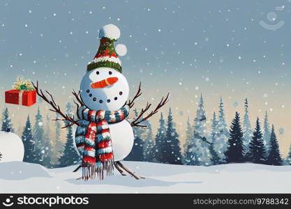 Christmas postcard with snowman, winter festive illustration for Christmas greetings, copy space. Christmas postcard with snowman