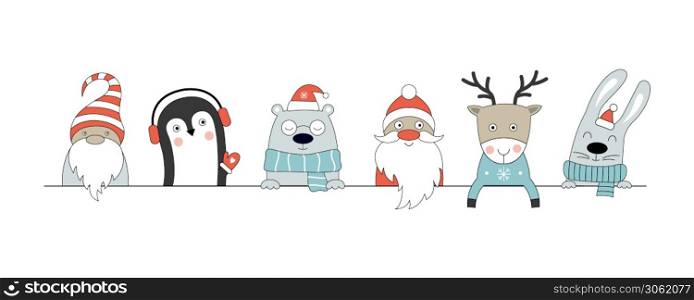 Christmas poster with deer, hare, penguin, polar bear, gnome, Santa Claus. Can be used for web design, poster, greeting cards.