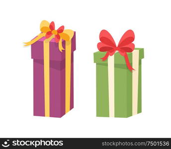 Christmas presents wrapped in gift boxes. Vector packages in decorative paper, shopping packs with surprise inside, purple and green containers with bow. Christmas Presents Wrapped in Gift Boxes. Vector