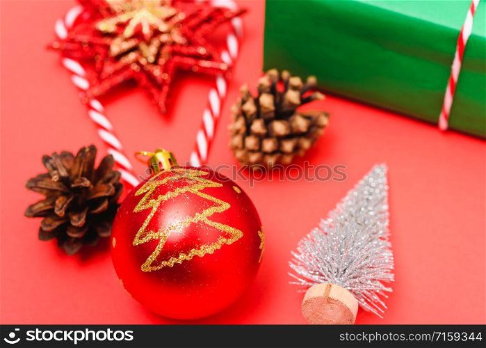 Christmas red balls with decorative abstract on red background