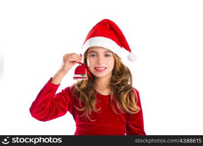 Christmas red bell cookie and Xmas dress kid girl isolated on white background